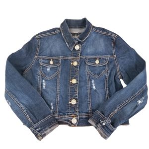 Amethyst Womens Size L Stretch Denim Blue Jean Jacket Cropped Distressed Bling